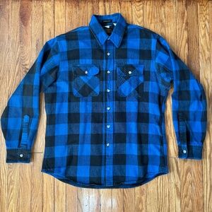Vtg Eddie Bauer Blue Buffalo Plaid McKinley Cloth Flannel Shirt USA Mens L